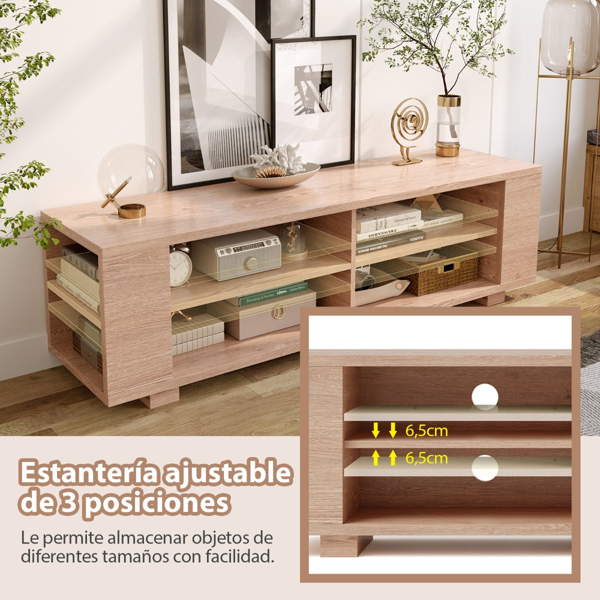 Mueble tv, de hasta 65inch, Mueble television, Mesa tv, con 4 Compartimentos Abiertos 4 Estantes, Natural, Costway, 8