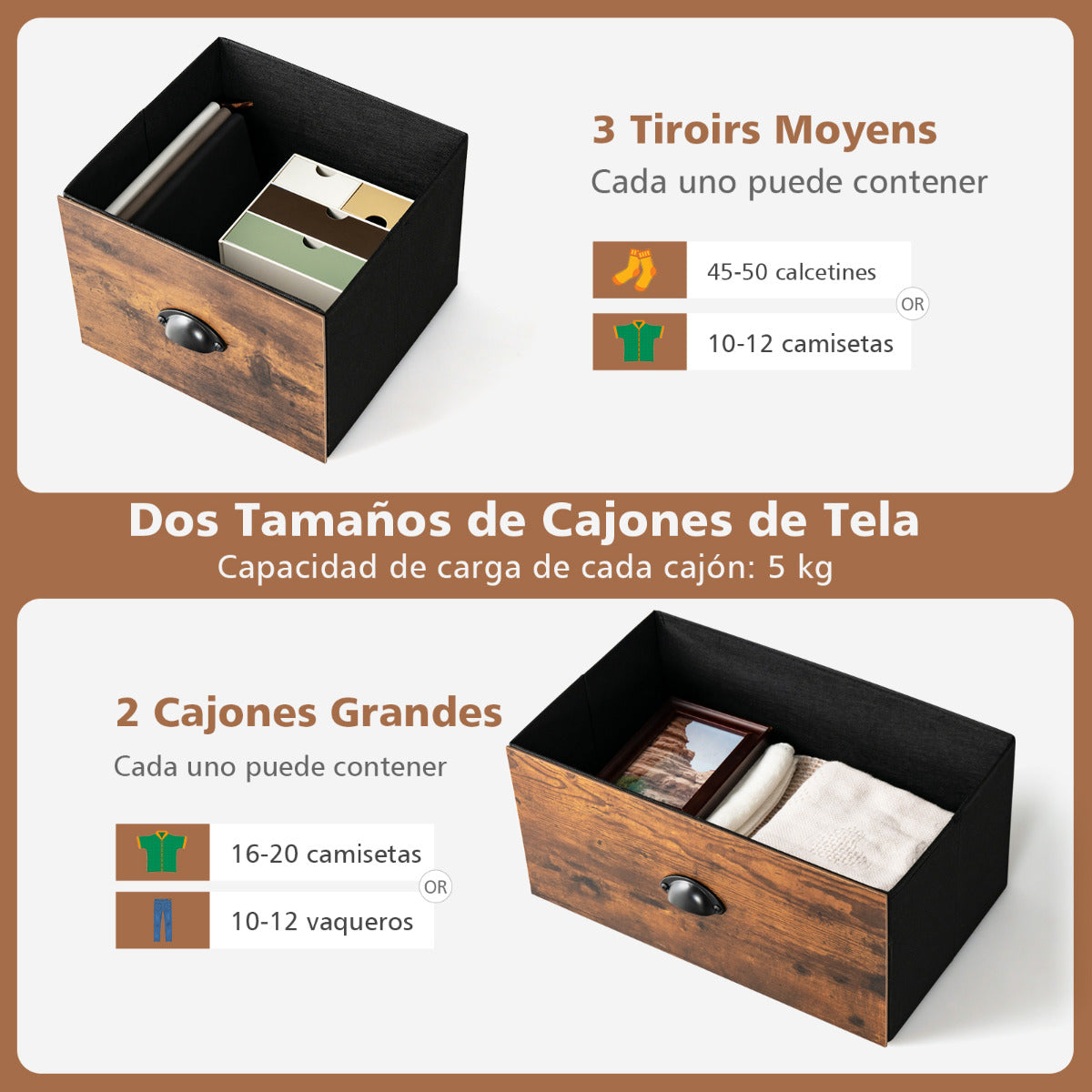 Aparador Salon, Aparador Comedor, con 5 Cajones de Tela Extraíbles y Plegables, Marco de Acero, Marrón, Costway, 7