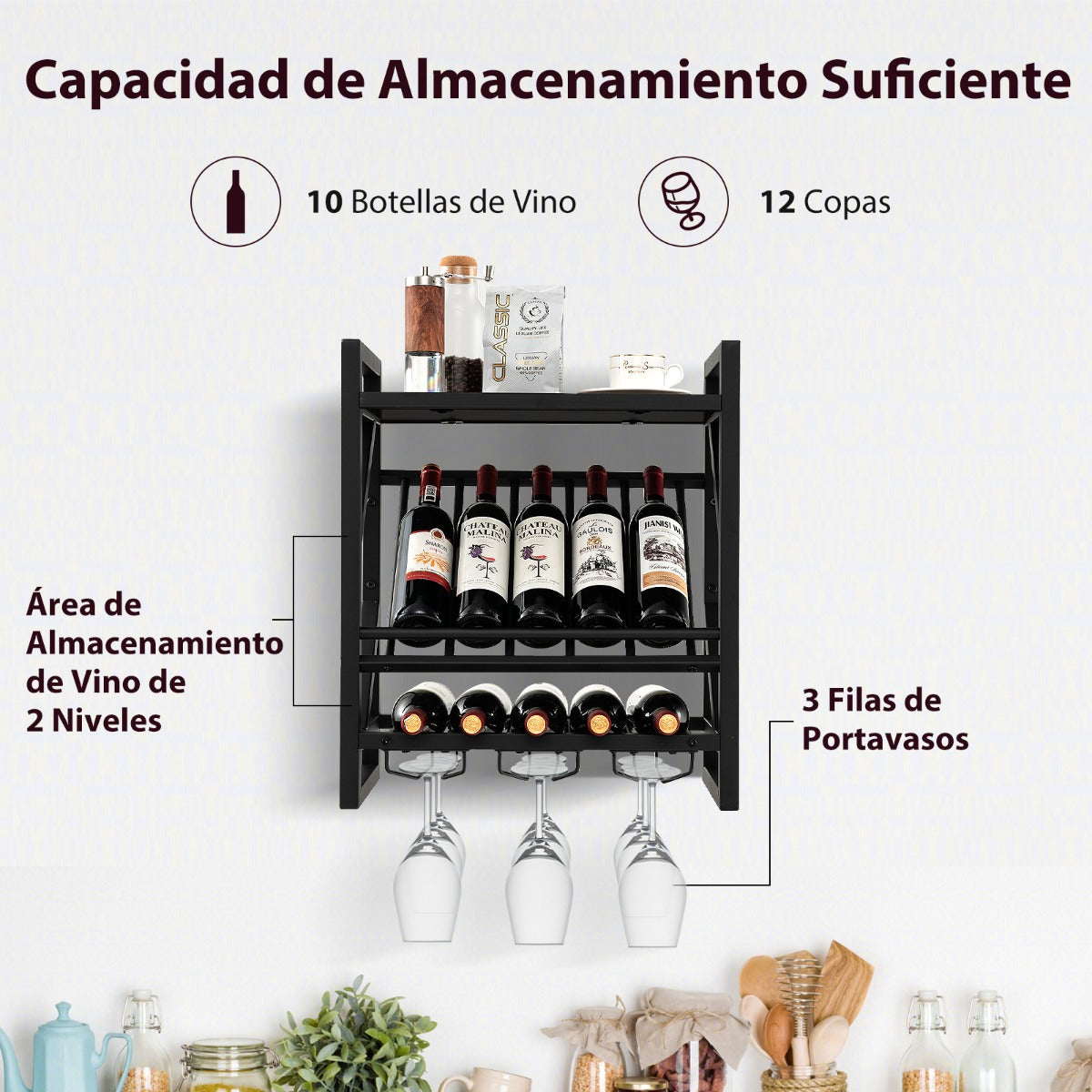Botellero Pared, Botellero Vino, Botellero Madera, Estantería de Vino con Portabotellas 2 Niveles 3 Filas de Sujetadores, Costway, 5