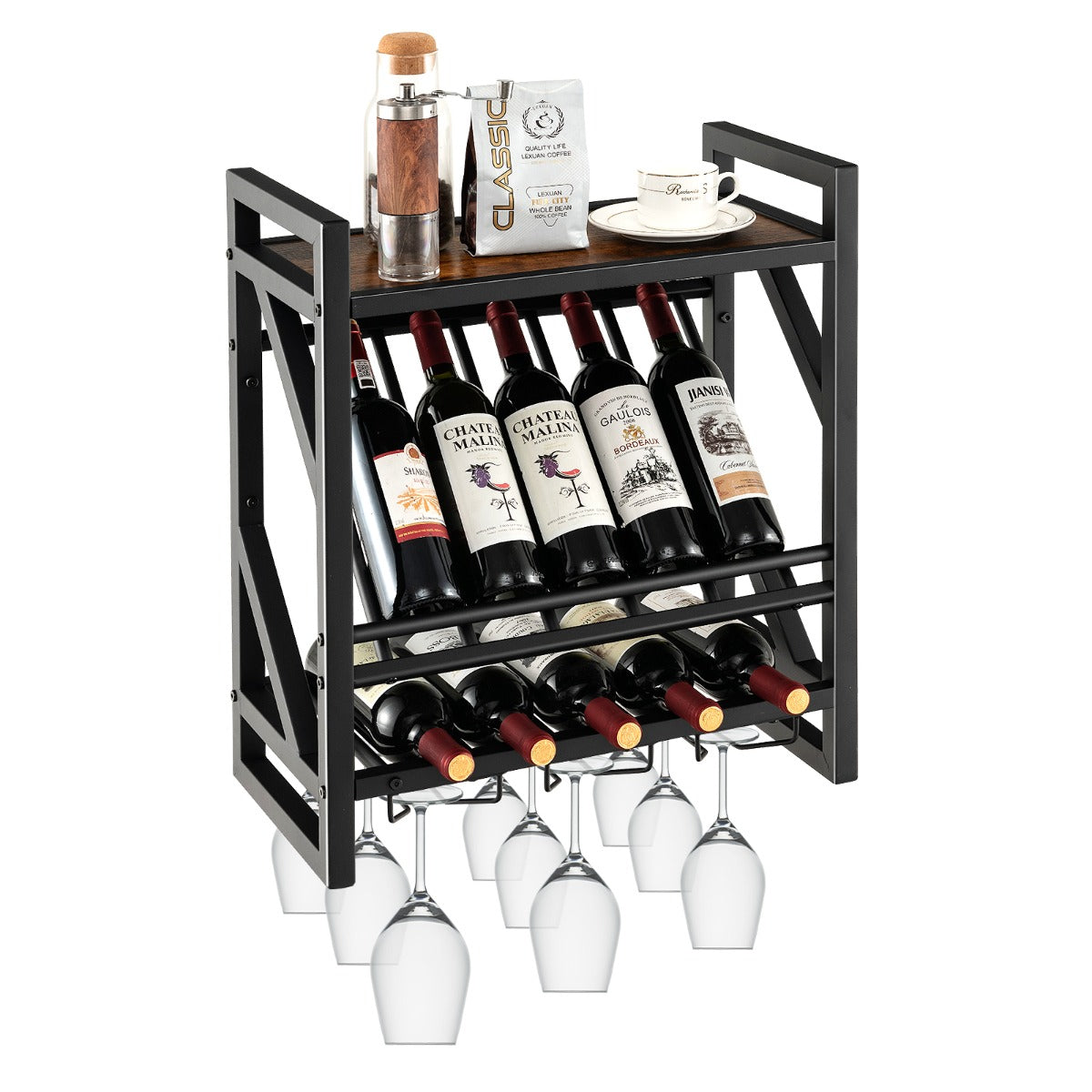 Botellero Pared, Botellero Vino, Botellero Madera, Estantería de Vino con Portabotellas 2 Niveles 3 Filas de Sujetadores, Costway, 1