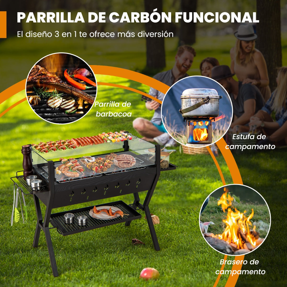 Brasero Exterior, Parrillas de Carbón para Barbacoa Parrilla de Acero Inoxidable, Marrón, Costway, 6