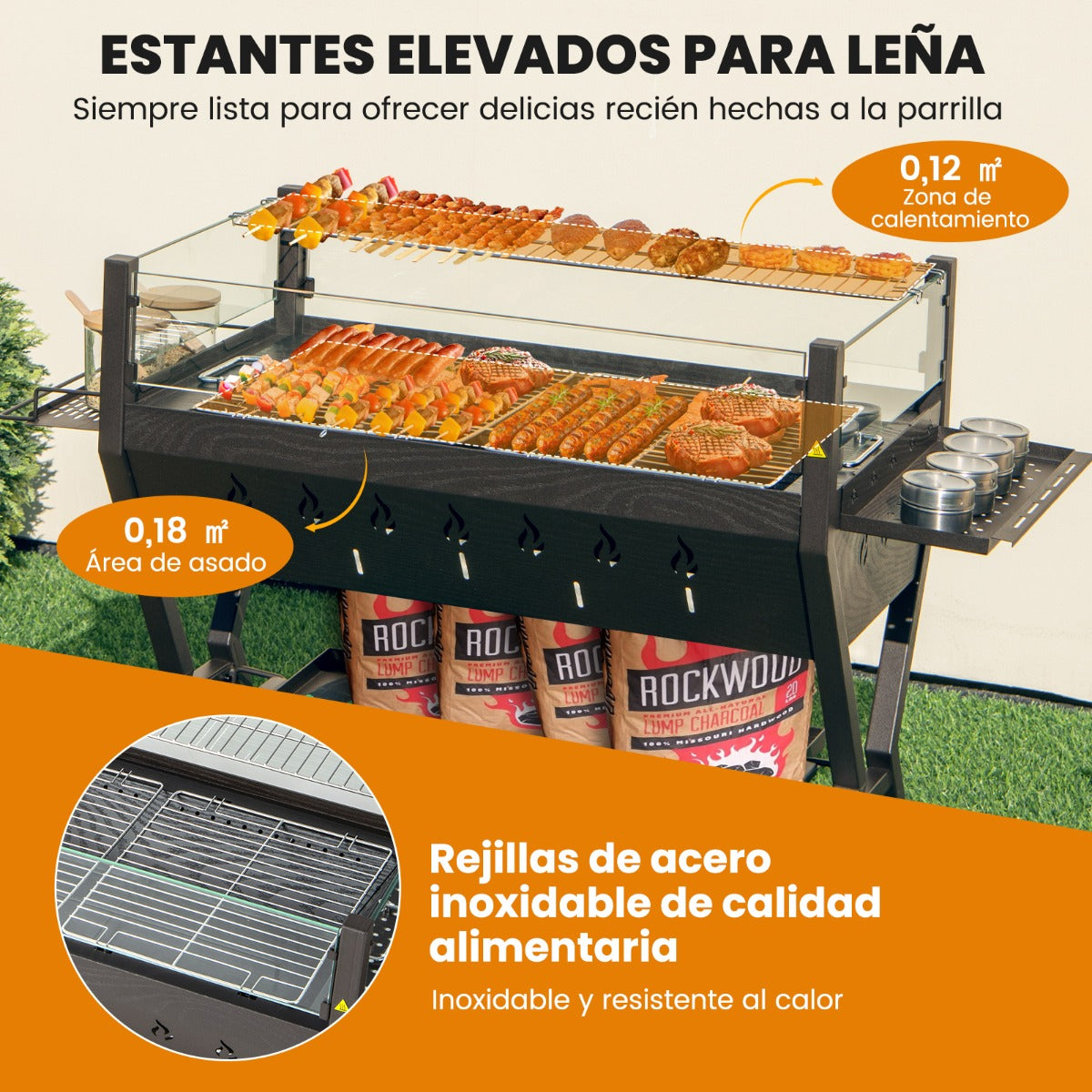 Brasero Exterior, Parrillas de Carbón para Barbacoa Parrilla de Acero Inoxidable, Marrón, Costway, 8