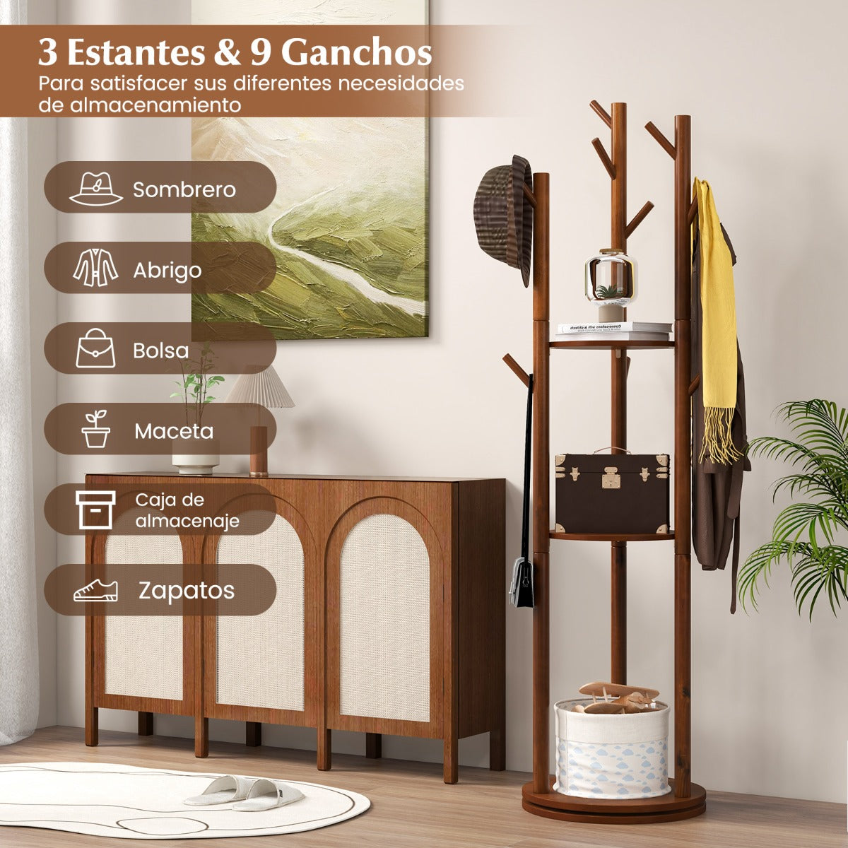 Perchero de Pie, Perchero Burro, Perchero Madera, Giratorio, con 3 Estantes de Almacenamiento 9 Ganchos, Nogal, Costway, 7