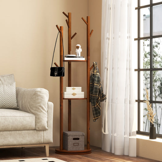 Perchero de Pie, Perchero Burro, Perchero Madera, Giratorio, con 3 Estantes de Almacenamiento 9 Ganchos, Nogal, Costway, 2