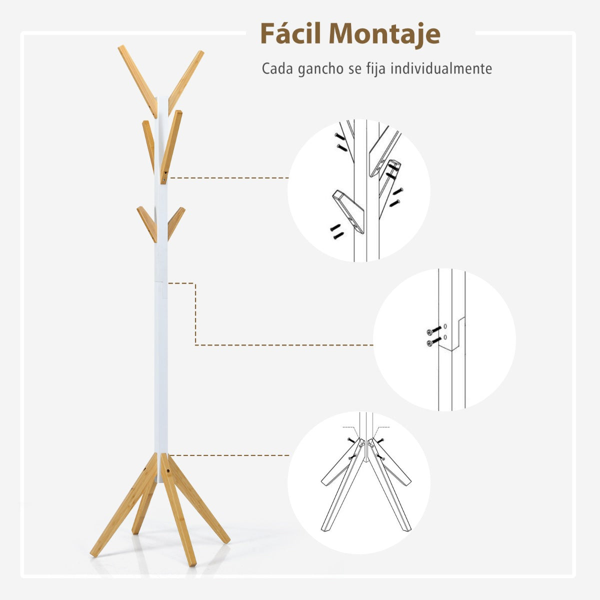 Perchero de Pie, Perchero Burro, Perchero madera, con 6 Ganchos, Bambú, Natural Blanco, Costway, 8