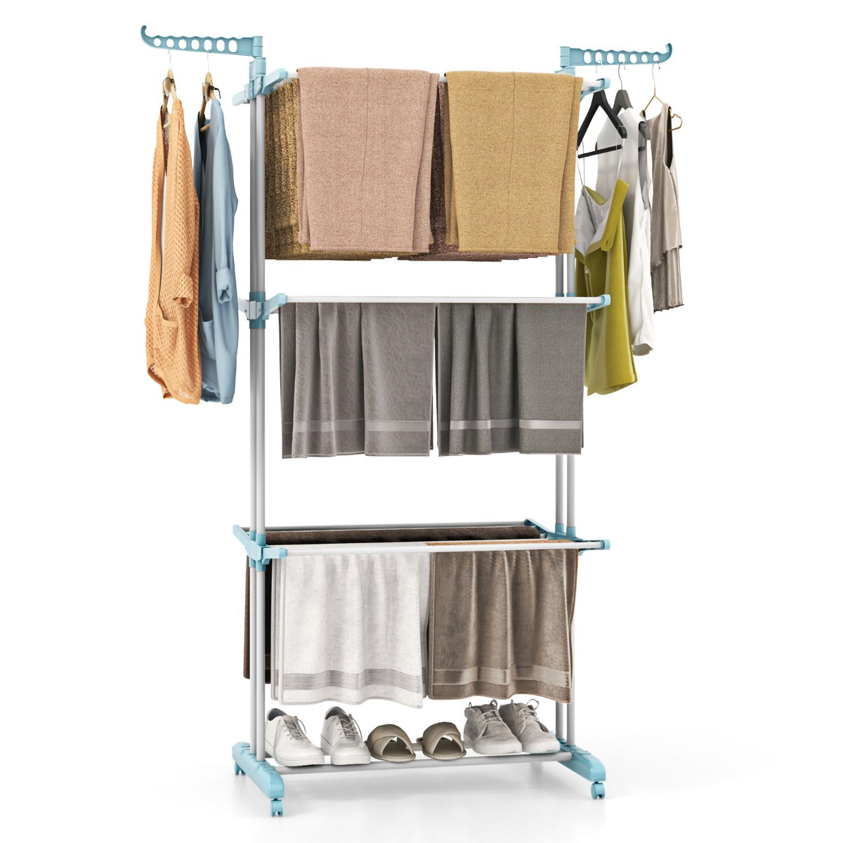 Tendedero Vertical, 4 Niveles, Tendedero de ropa, con Ruedas, Tendedero Plegable, Azul, Costway, 6