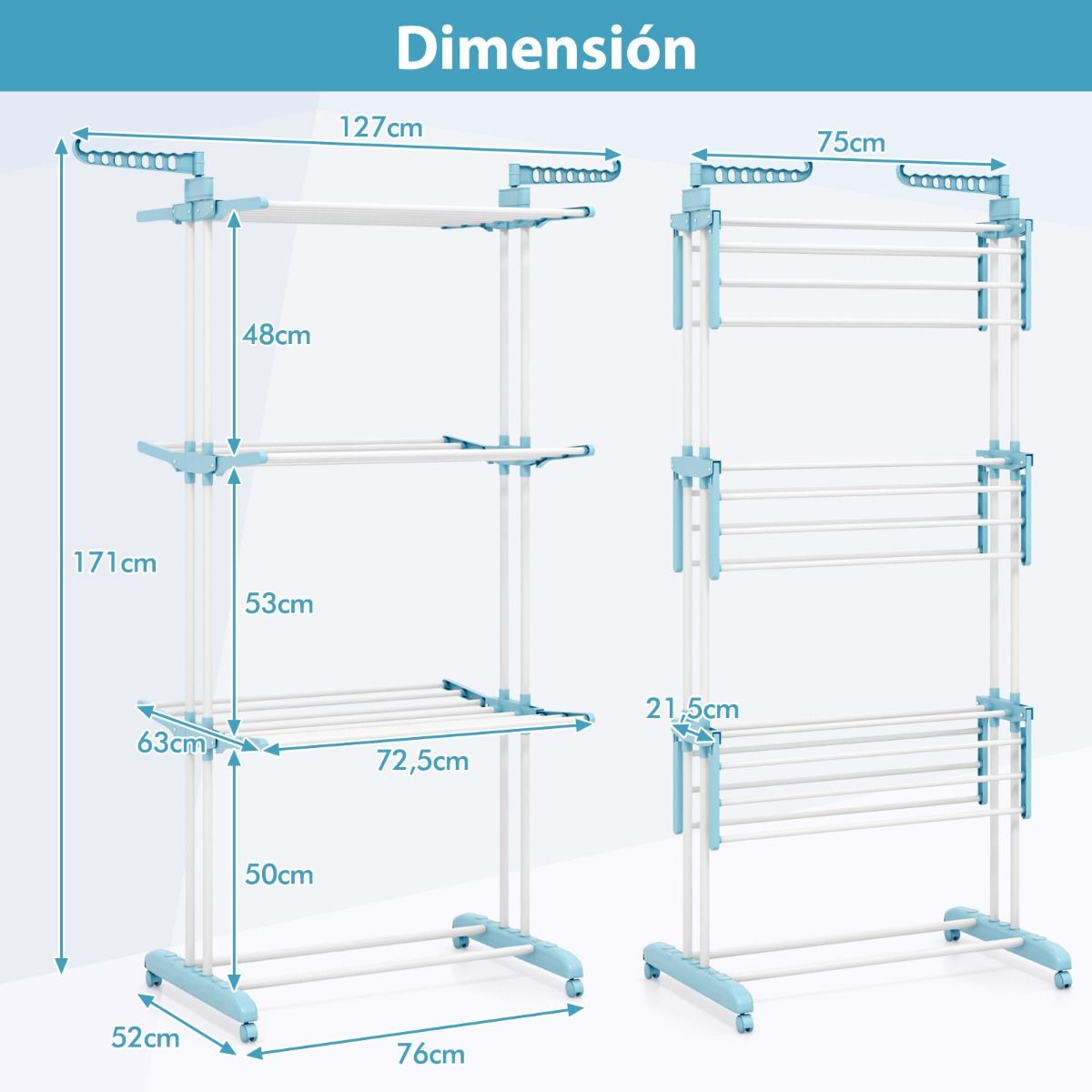 Tendedero Vertical, 4 Niveles, Tendedero de ropa, con Ruedas, Tendedero Plegable, Azul, Costway, 4