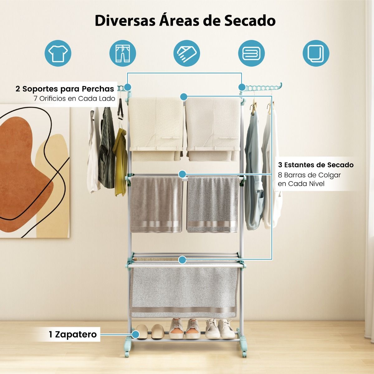 Tendedero Vertical, 4 Niveles, Tendedero de ropa, con Ruedas, Tendedero Plegable, Azul, Costway, 8