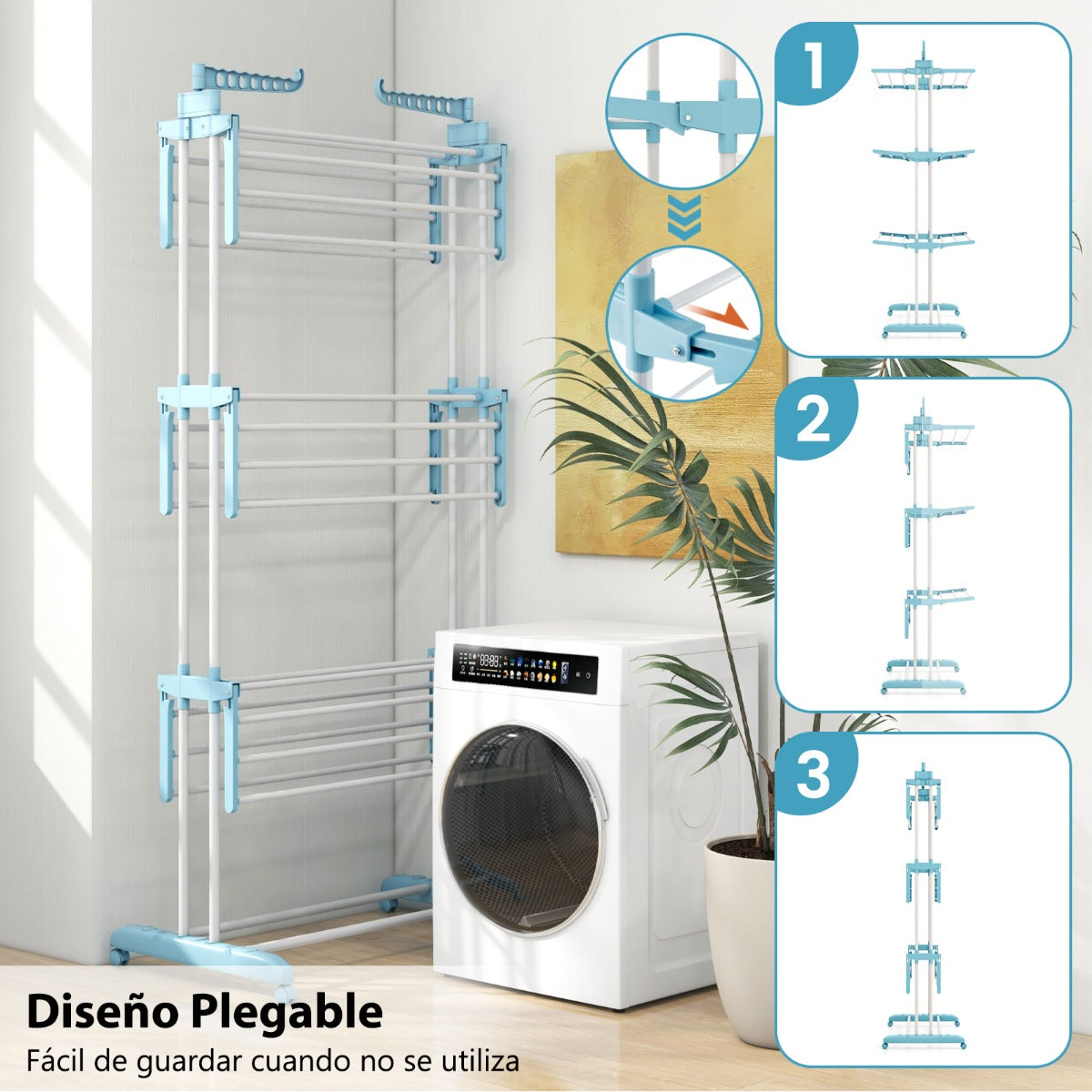 Tendedero Vertical, 4 Niveles, Tendedero de ropa, con Ruedas, Tendedero Plegable, Azul, Costway, 5