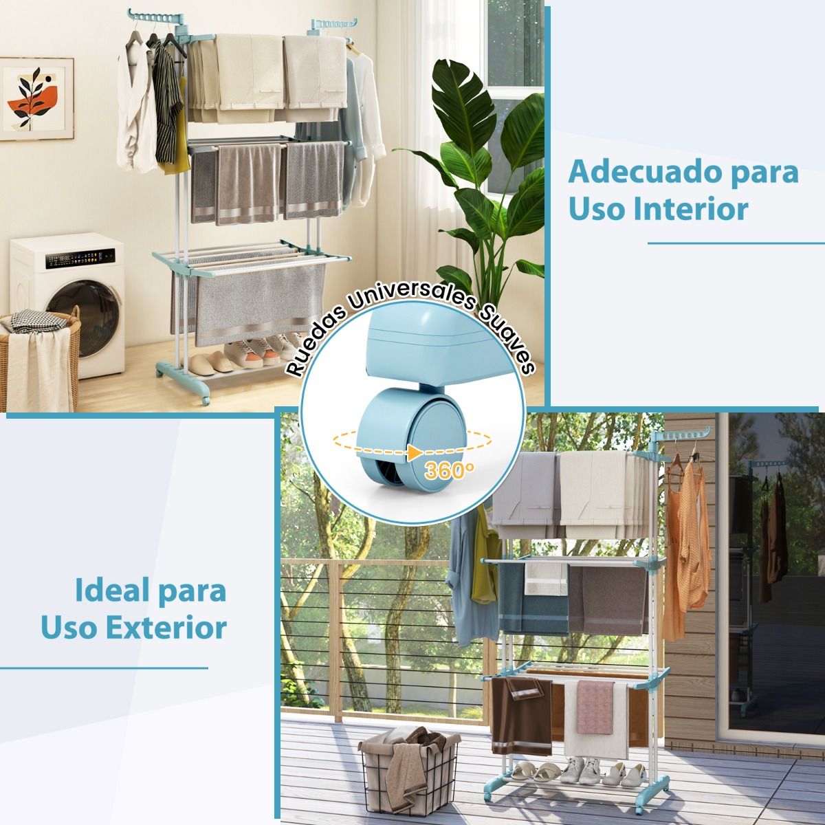 Tendedero Vertical, 4 Niveles, Tendedero de ropa, con Ruedas, Tendedero Plegable, Azul, Costway, 9