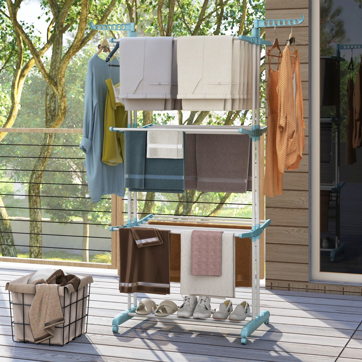Tendedero Vertical, 4 Niveles, Tendedero de ropa, con Ruedas, Tendedero Plegable, Azul, Costway, 7
