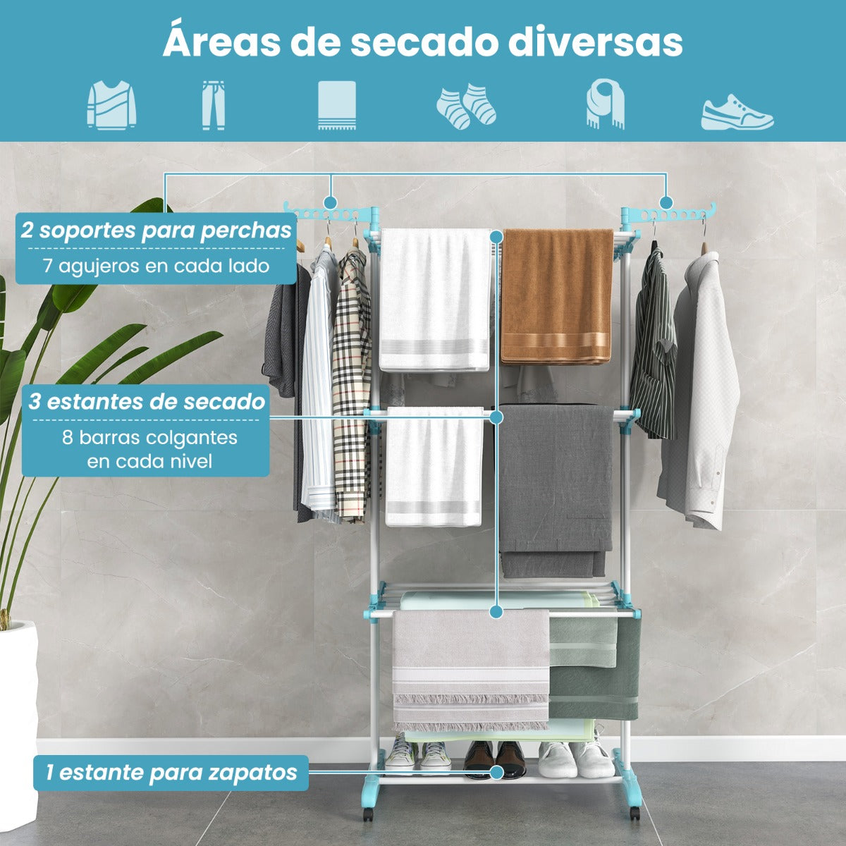 Tendedero, 4 Niveles, Tendedero Vertical, con Ruedas, para Terraza, Tendal Plegable, para Toallas, Zapatos, Costway, 5