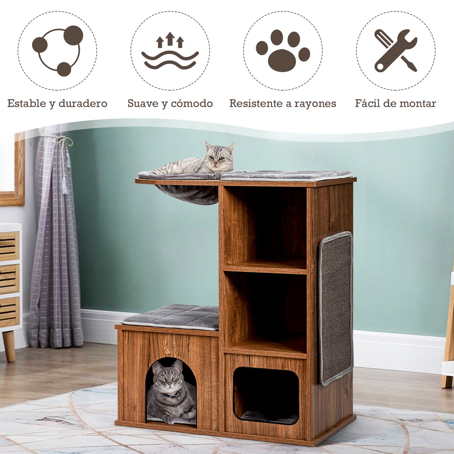 Arbol para Gatos, Arbol Rascador para Gatos, Rascador Gato, con Rascador de Sisal, Afelpado Casita, Madera, Marrón, Costway, 8
