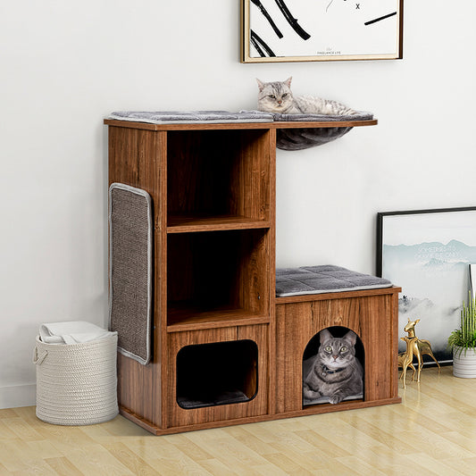 Arbol para Gatos, Arbol Rascador para Gatos, Rascador Gato, con Rascador de Sisal, Afelpado Casita, Madera, Marrón, Costway, 4