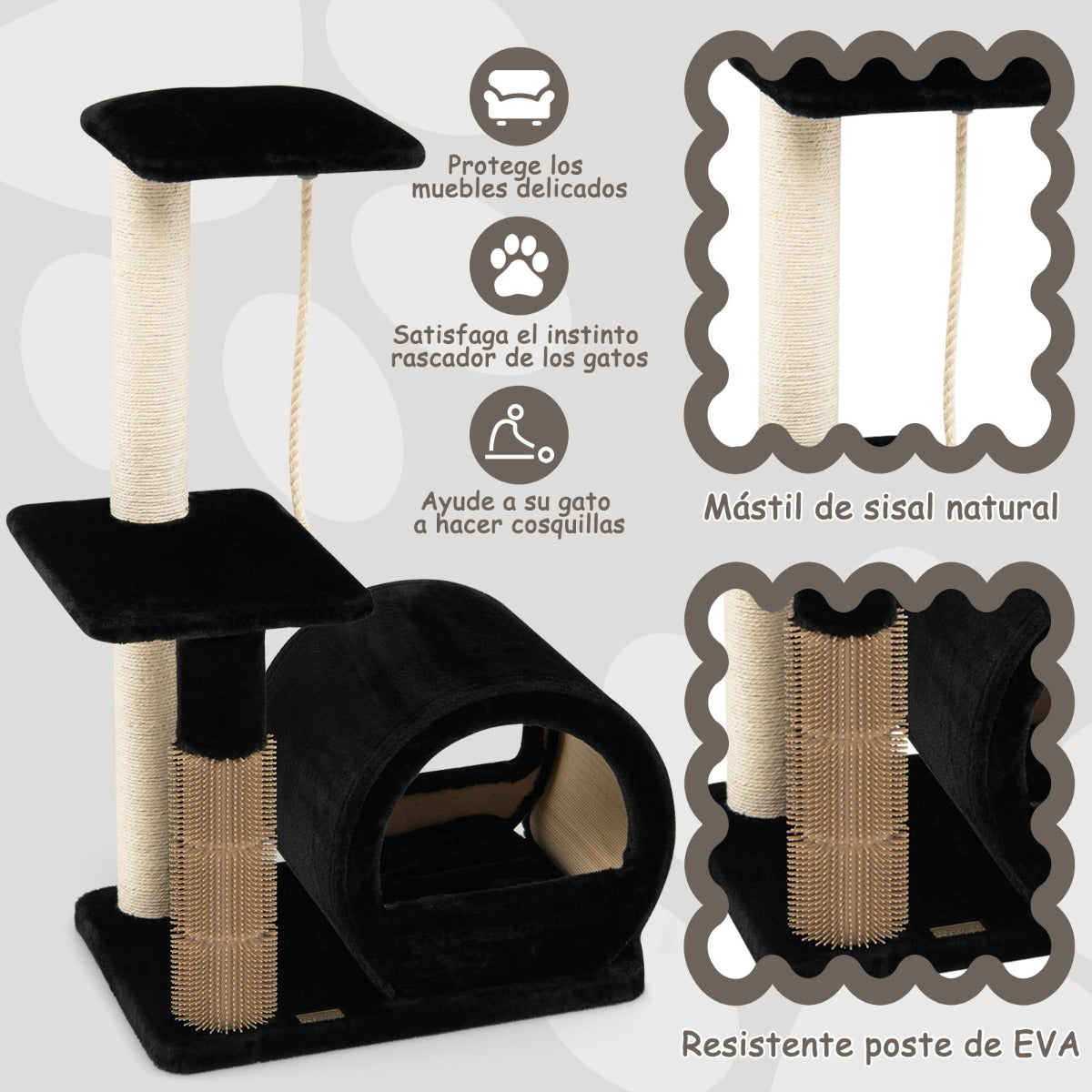Arbol para Gatos, Rascador gato, Arbol Rascador para Gatos, Múltiples Niveles con Poste de Sisal, Negro, Costway, 8