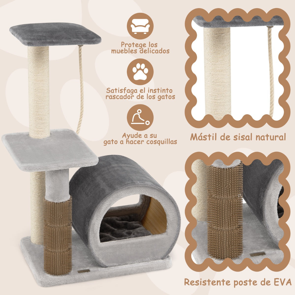 Arbol para Gatos, Arbol Rascador para Gatos, Rascador gato, Múltiples Niveles con Poste de Sisal, Gris, Costway, 8