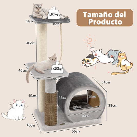 Arbol para Gatos, Arbol Rascador para Gatos, Rascador gato, Múltiples Niveles con Poste de Sisal, Gris, Costway, 3
