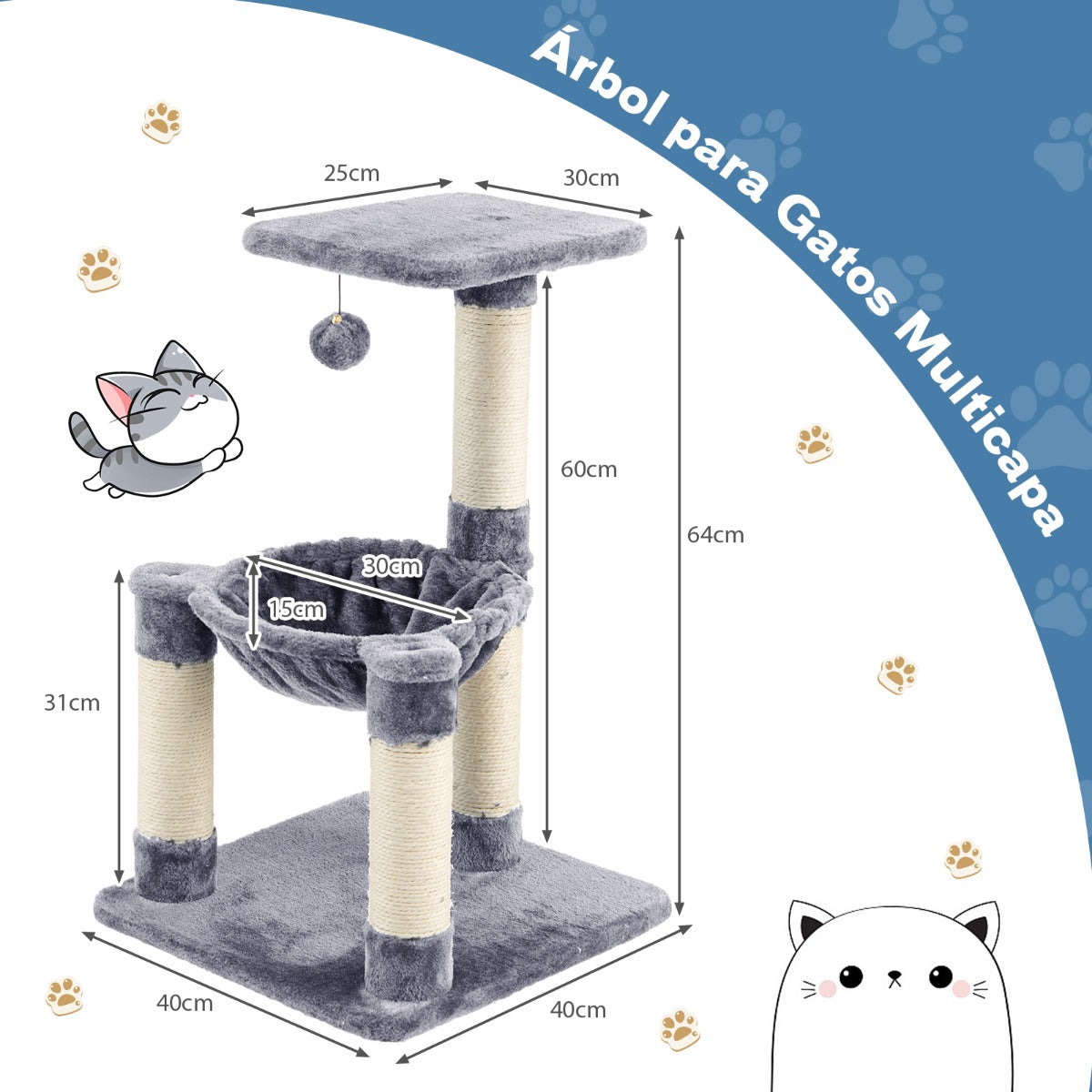 Arbol para Gatos, Arbol Rascador para Gatos, Rascador Gato, con Hamaca Postes Rascadores Recubiertos de Sisal, Gris, Costway, 3