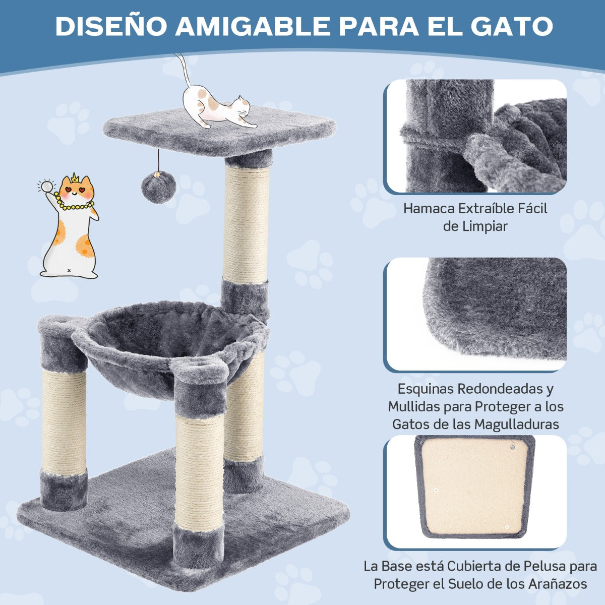 Arbol para Gatos, Arbol Rascador para Gatos, Rascador Gato, con Hamaca Postes Rascadores Recubiertos de Sisal, Gris, Costway, 6