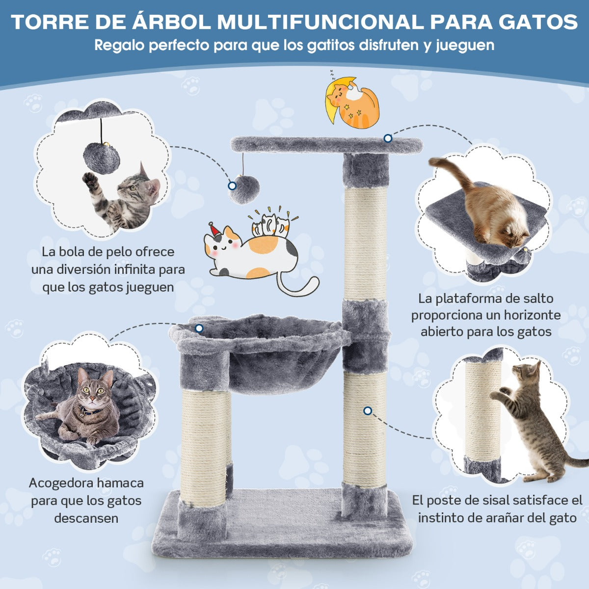 Arbol para Gatos, Arbol Rascador para Gatos, Rascador Gato, con Hamaca Postes Rascadores Recubiertos de Sisal, Gris, Costway, 7