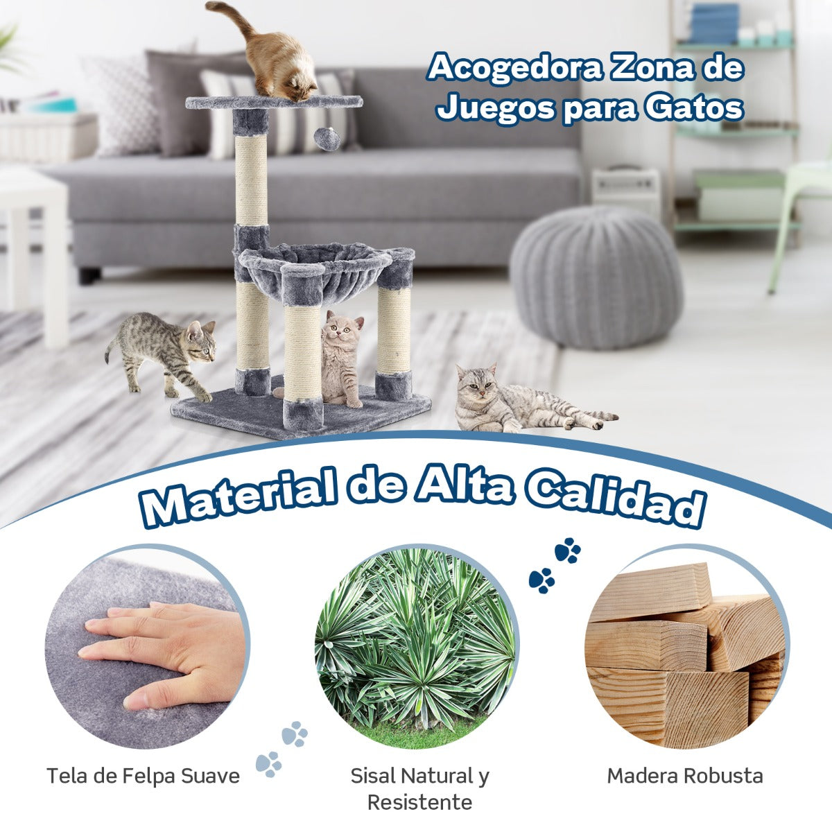 Arbol para Gatos, Arbol Rascador para Gatos, Rascador Gato, con Hamaca Postes Rascadores Recubiertos de Sisal, Gris, Costway, 8