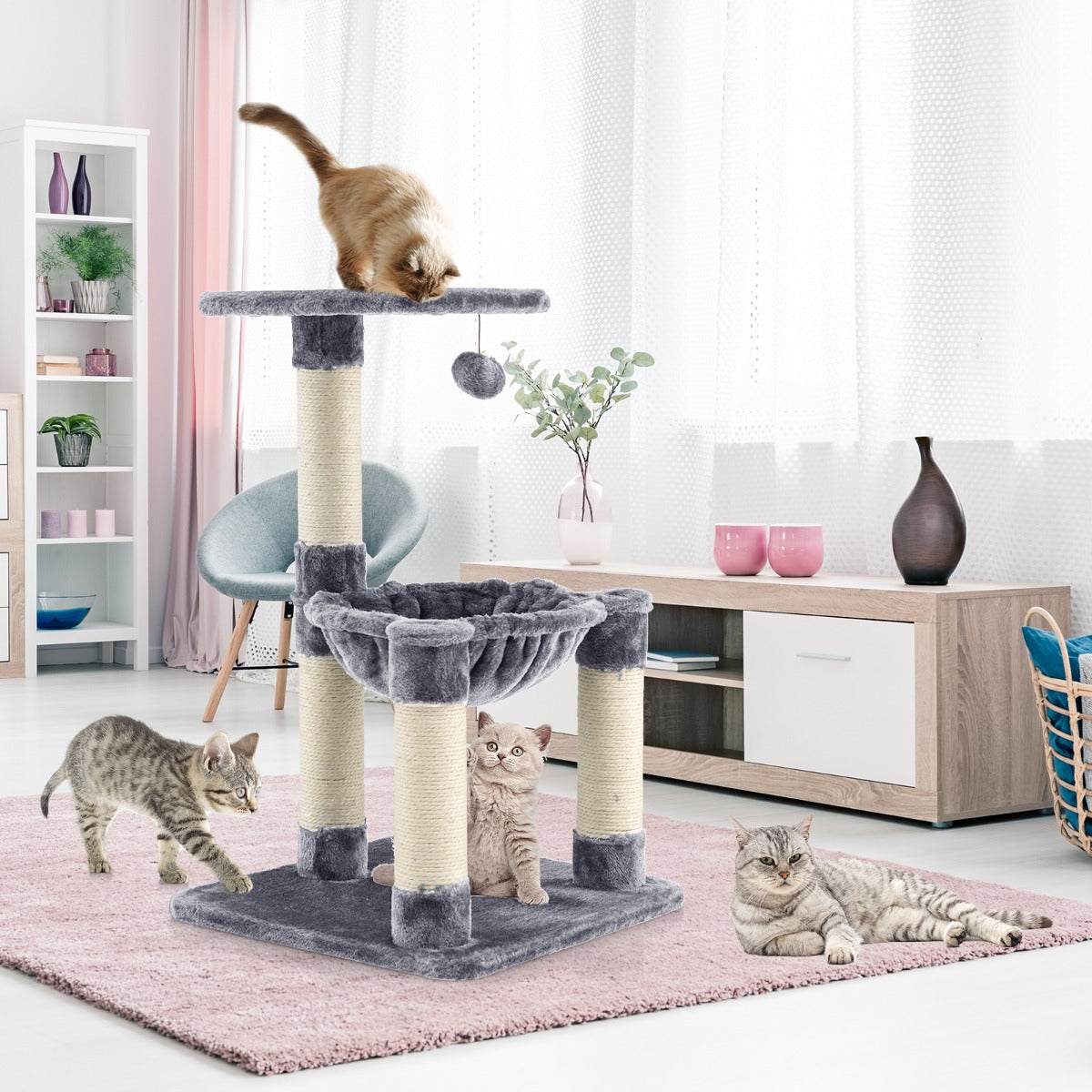 Arbol para Gatos, Arbol Rascador para Gatos, Rascador Gato, con Hamaca Postes Rascadores Recubiertos de Sisal, Gris, Costway, 2