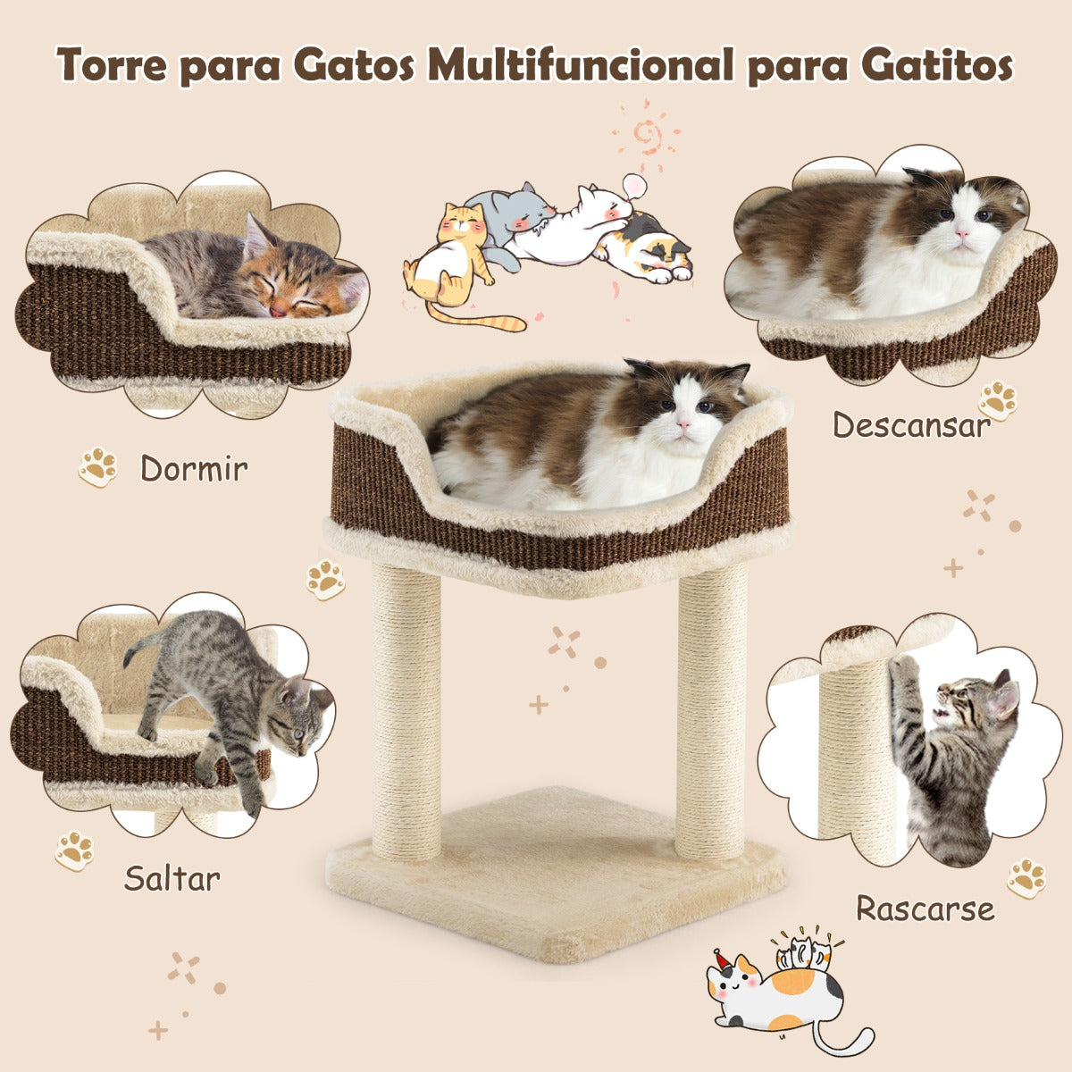 Arbol para Gatos, Rascador Gato, Arbol Rascador para Gatos, con Plataforma Felpa y Poste de Rascado, para Rascar Relajarse y Dormir, Beige, Costway, 8