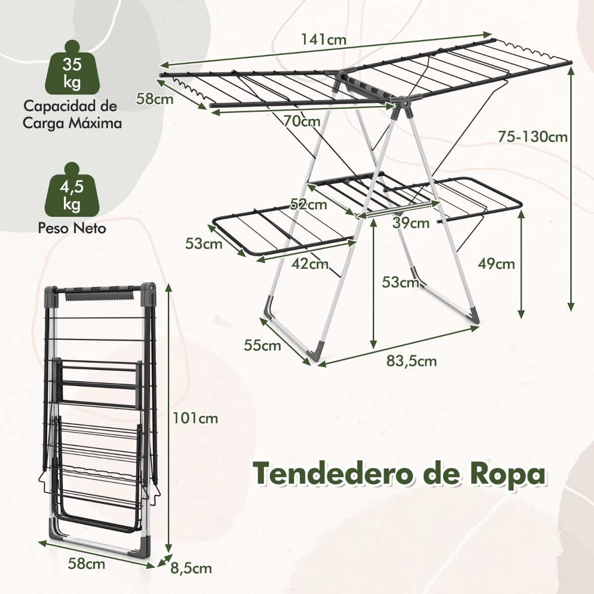 Tendedero Plegable, 2 Niveles, Tendedero de Ropa, Alas Ajustables, Tendedero Balcon, Acero Inoxidable, Plata y Gris, Costway, 7