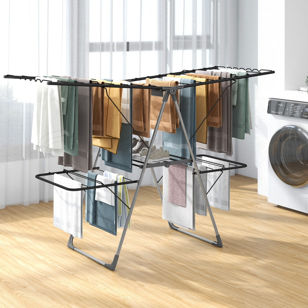 Tendedero Plegable, 2 Niveles, Tendedero de Ropa, Alas Ajustables, Tendedero Balcon, Acero Inoxidable, Plata y Gris, Costway, 1