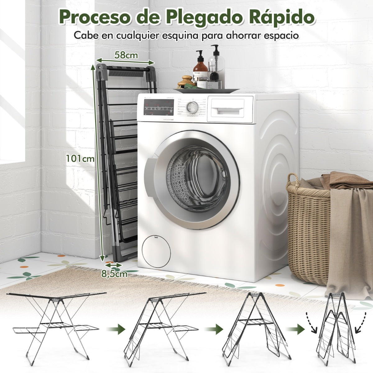 Tendedero Plegable, 2 Niveles, Tendedero de Ropa, Alas Ajustables, Tendedero Balcon, Acero Inoxidable, Plata y Gris, Costway, 3