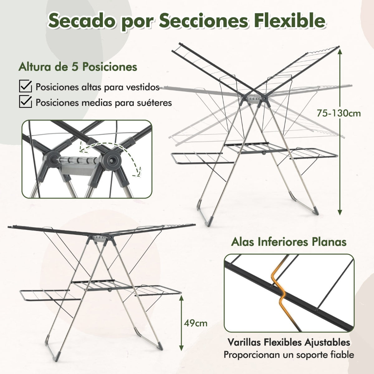Tendedero Plegable, 2 Niveles, Tendedero de Ropa, Alas Ajustables, Tendedero Balcon, Acero Inoxidable, Plata y Gris, Costway, 4