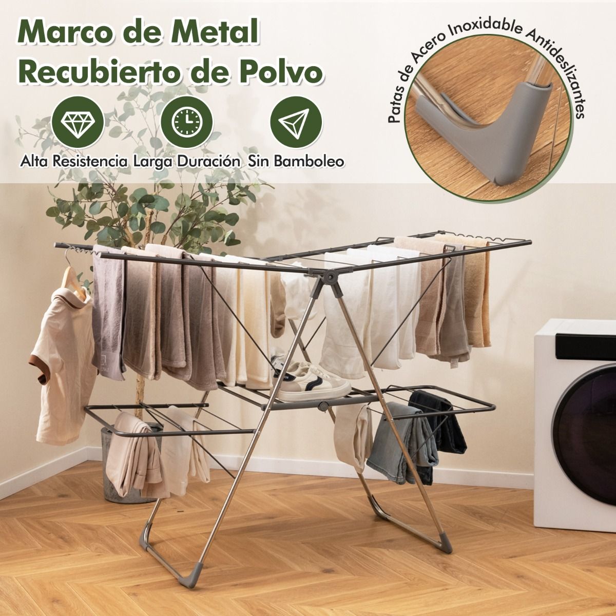 Tendedero Plegable, 2 Niveles, Tendedero de Ropa, Alas Ajustables, Tendedero Balcon, Acero Inoxidable, Plata y Gris, Costway, 6