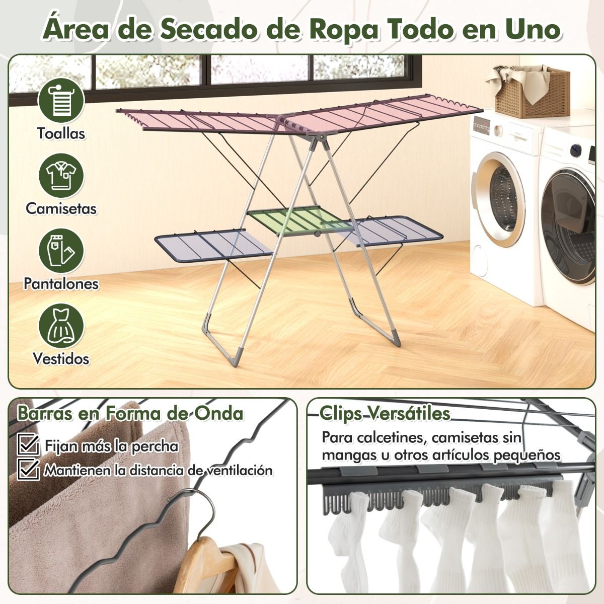 Tendedero Plegable, 2 Niveles, Tendedero de Ropa, Alas Ajustables, Tendedero Balcon, Acero Inoxidable, Plata y Gris, Costway, 8