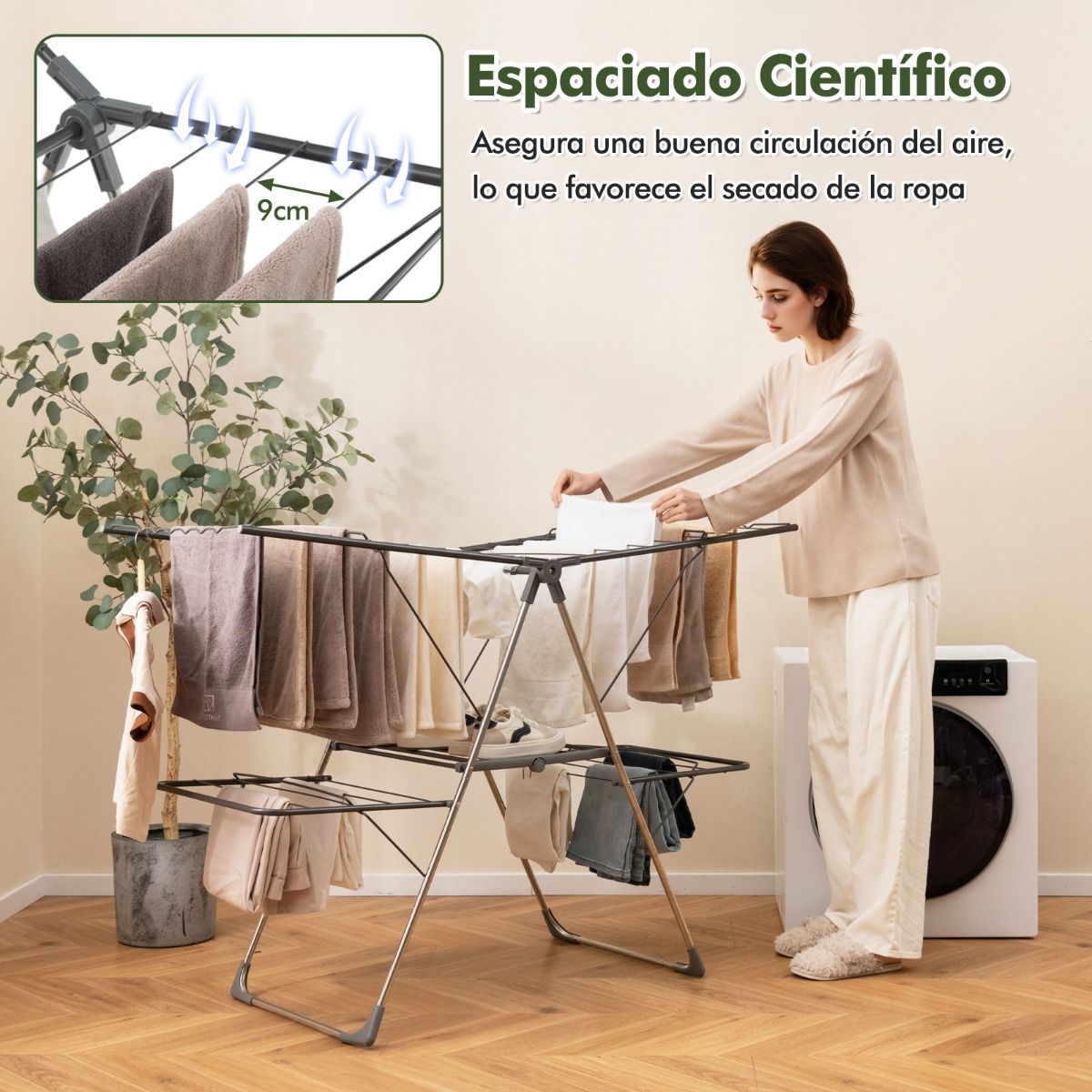 Tendedero Plegable, 2 Niveles, Tendedero de Ropa, Alas Ajustables, Tendedero Balcon, Acero Inoxidable, Plata y Gris, Costway, 10