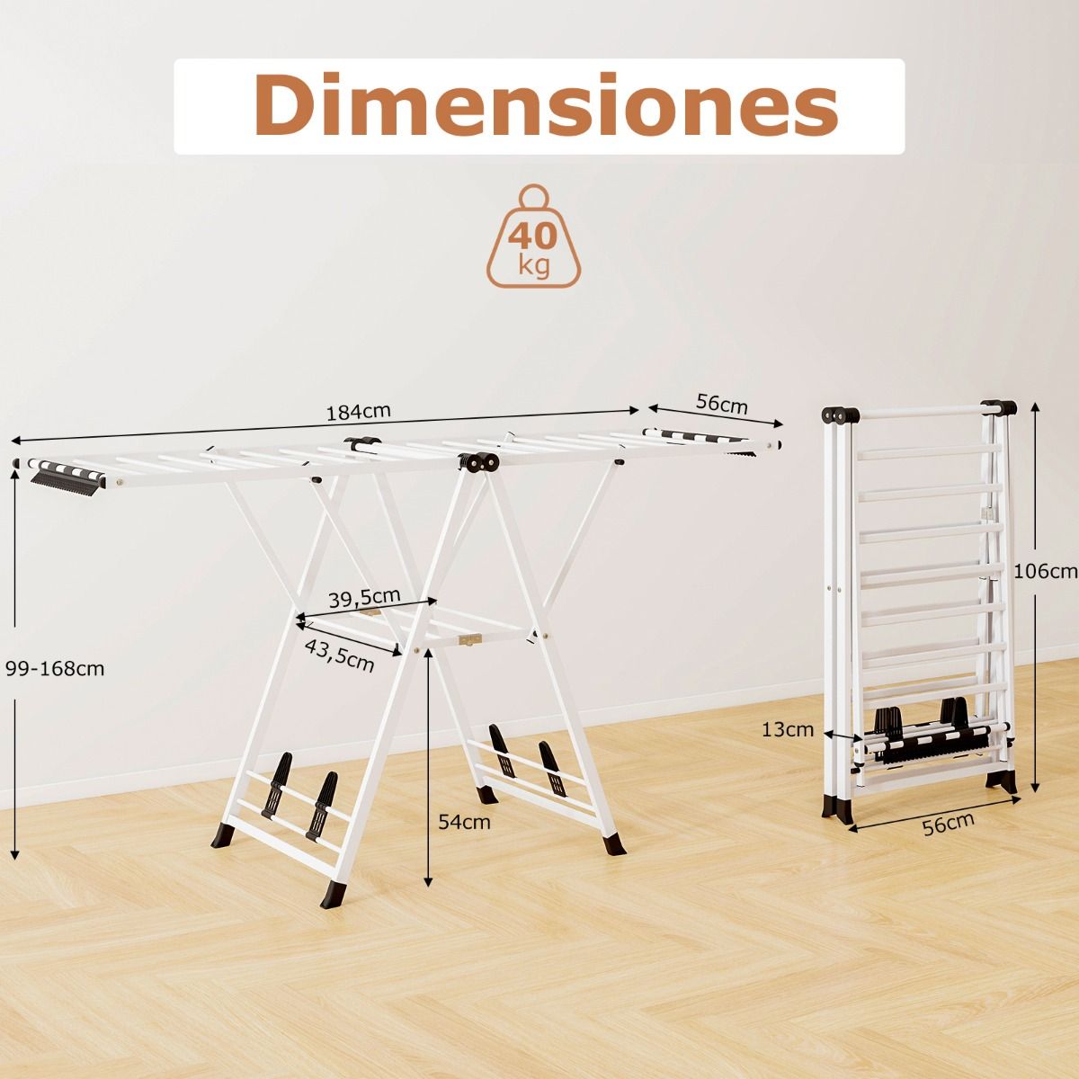 Tendedero plegable, con Alas Ajustables, Tendedero de ropa, 184 x 56 x 99–168 cm, Blanca, Costway, 7