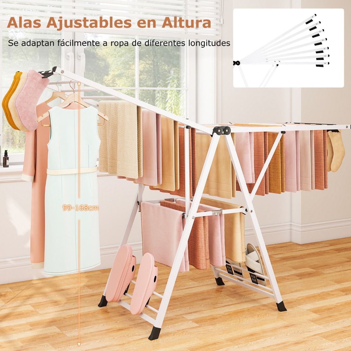Tendedero plegable, con Alas Ajustables, Tendedero de ropa, 184 x 56 x 99–168 cm, Blanca, Costway, 8