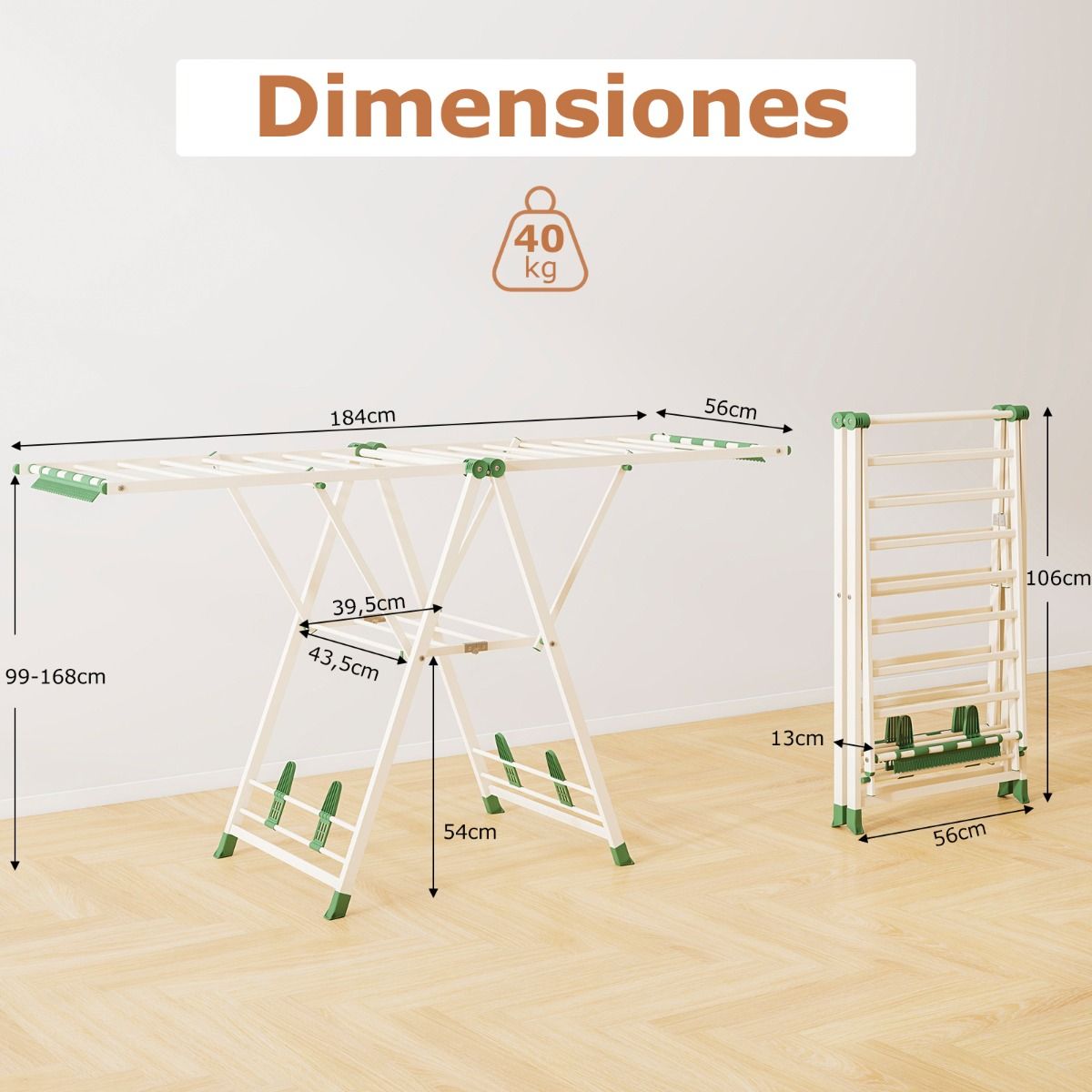 Tendedero plegable, con Alas Ajustables, Tendedero de ropa, 184 x 56 x 99–168 cm, Beige, Costway, 5