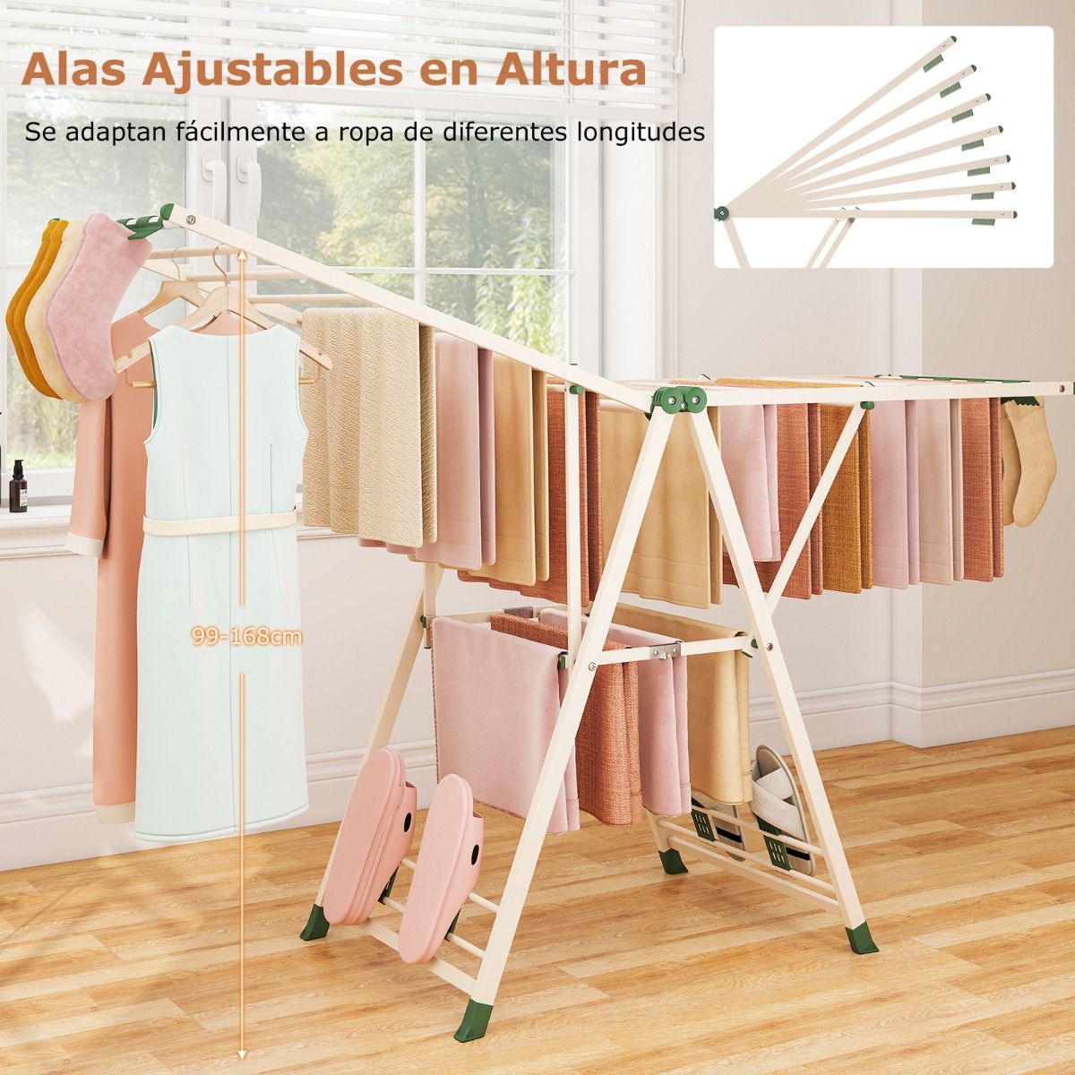 Tendedero plegable, con Alas Ajustables, Tendedero de ropa, 184 x 56 x 99–168 cm, Beige, Costway, 8