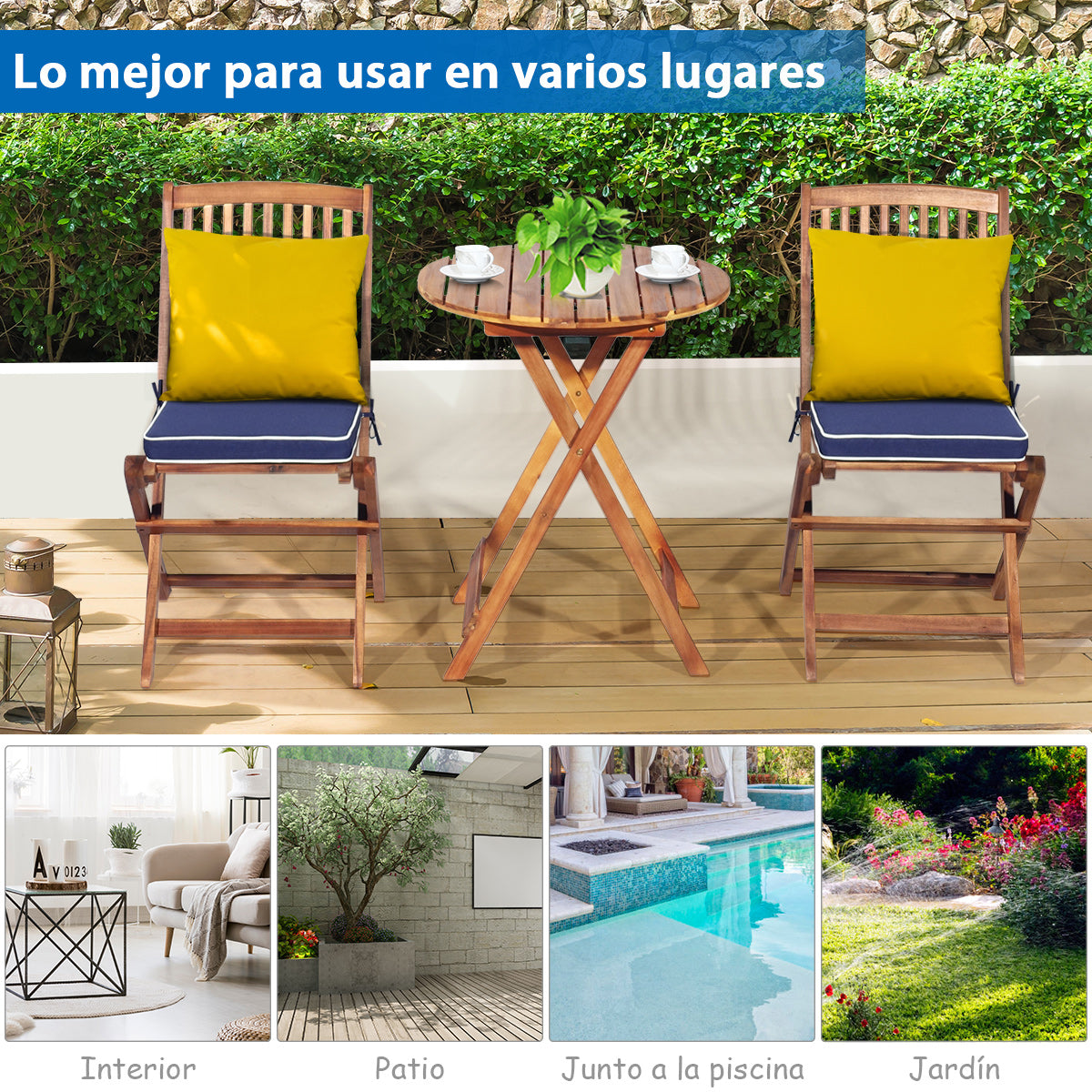 Conjunto de Jardin, Set 5 Piezas, Muebles Terraza, Plegables 2 Sillas y Cojín Mesa, Muebles de Jardin, Azul, Costway, 8