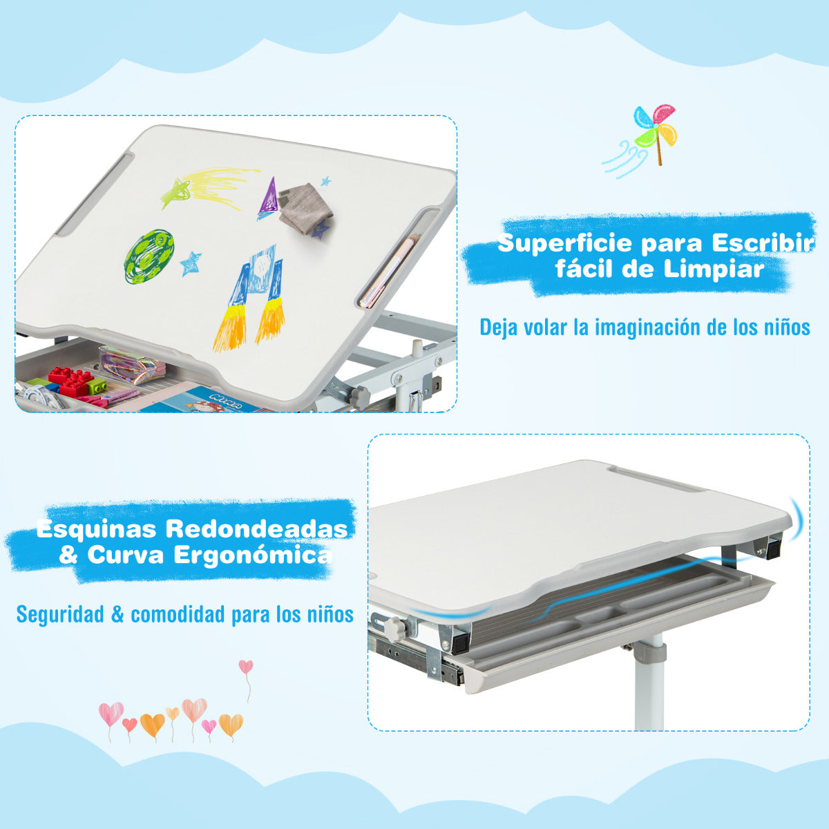 Set, Escritorio Infantil y Silla Infantil, Escritorio Infantil Primaria, Gris, Costway, 8