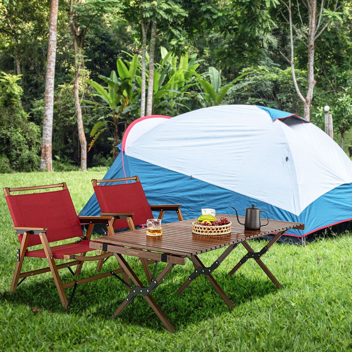Sillas Plegables, de Bambú, Sillas Camping, Carga 150kg, Sillas Jardin, Sillas Terraza, Sillas Exterior, Rojo, Costway, 4