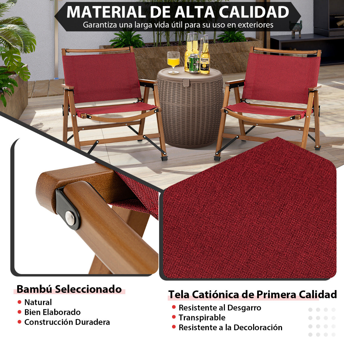 Sillas Plegables, de Bambú, Sillas Camping, Carga 150kg, Sillas Jardin, Sillas Terraza, Sillas Exterior, Rojo, Costway, 7