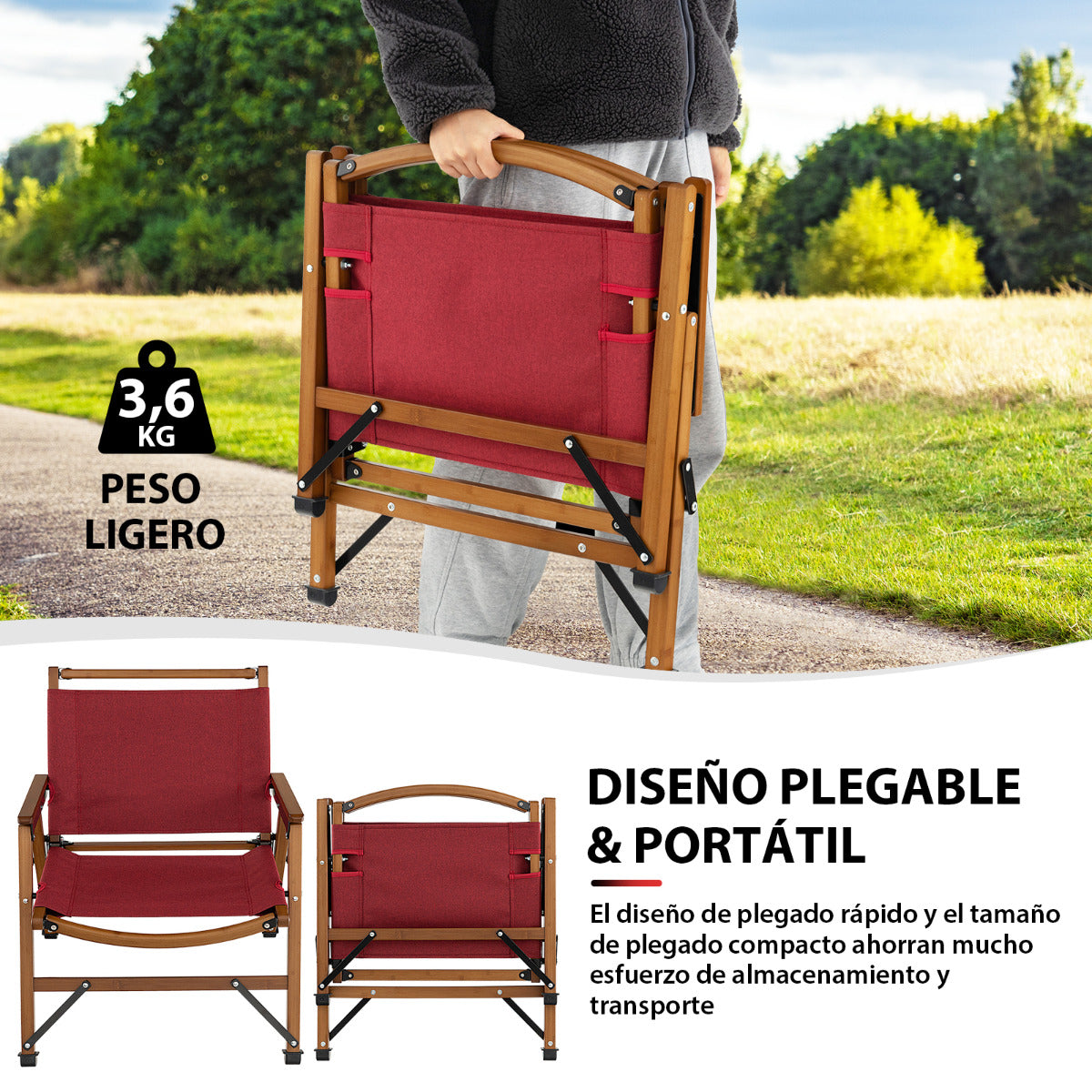 Sillas Plegables, de Bambú, Sillas Camping, Carga 150kg, Sillas Jardin, Sillas Terraza, Sillas Exterior, Rojo, Costway, 6