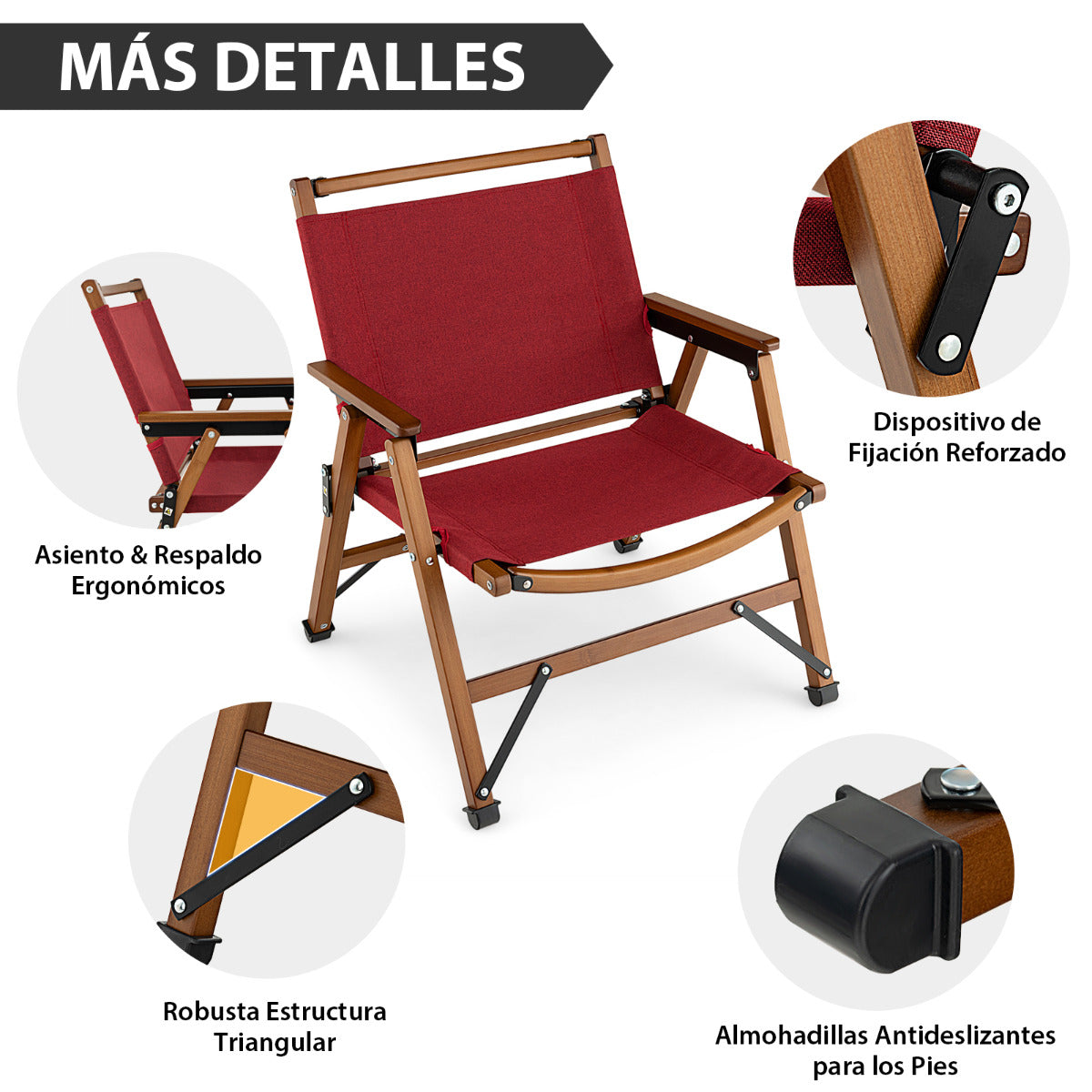 Sillas Plegables, de Bambú, Sillas Camping, Carga 150kg, Sillas Jardin, Sillas Terraza, Sillas Exterior, Rojo, Costway, 8