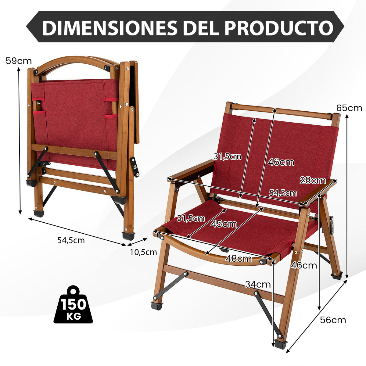 Sillas Plegables, de Bambú, Sillas Camping, Carga 150kg, Sillas Jardin, Sillas Terraza, Sillas Exterior, Rojo, Costway, 3