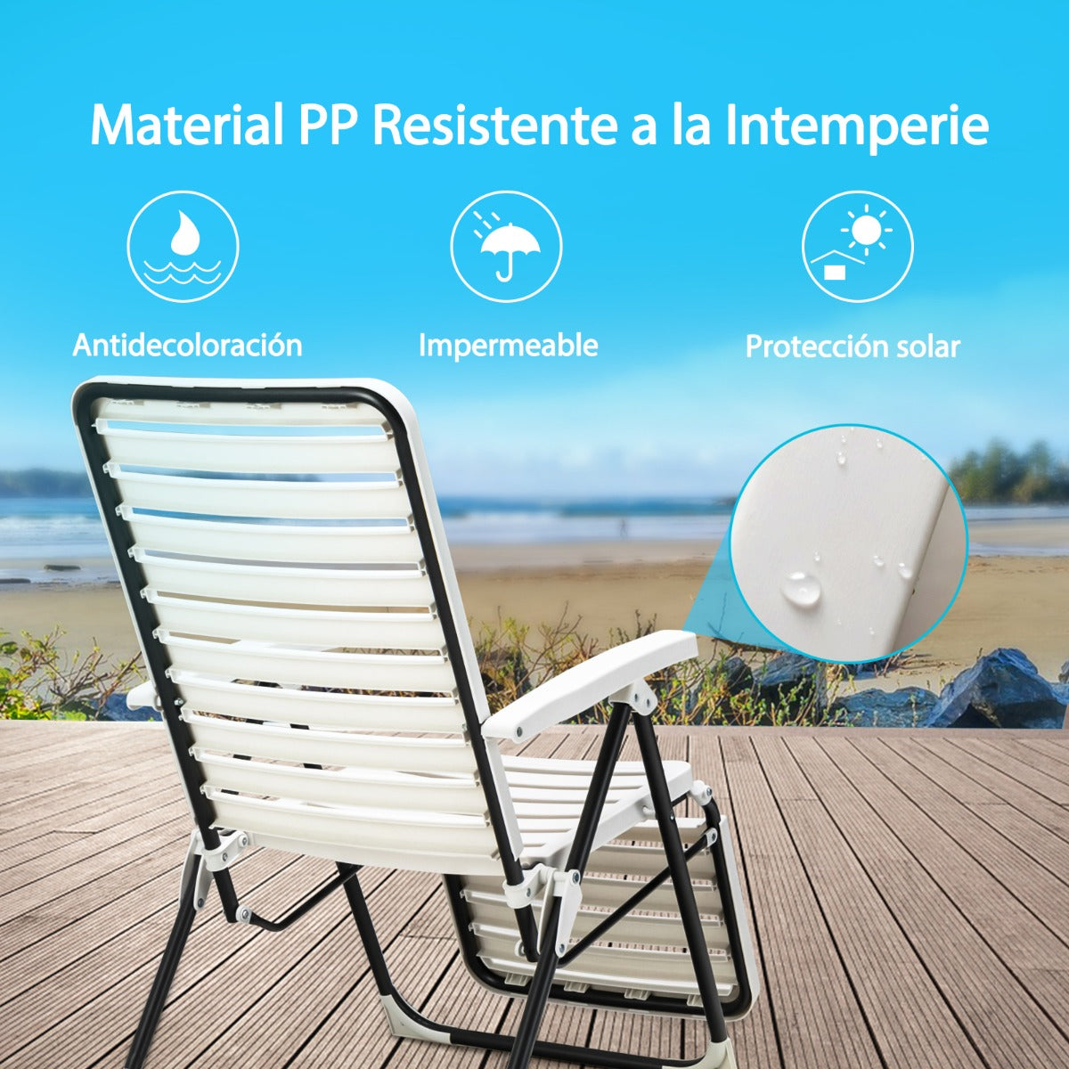 Sillas Terraza, Tumbonas Jardin, Silla Plegable Playa, con Respaldo de 7 Posiciones, Reposapiés Cómodo, Blanca, Costway, 5