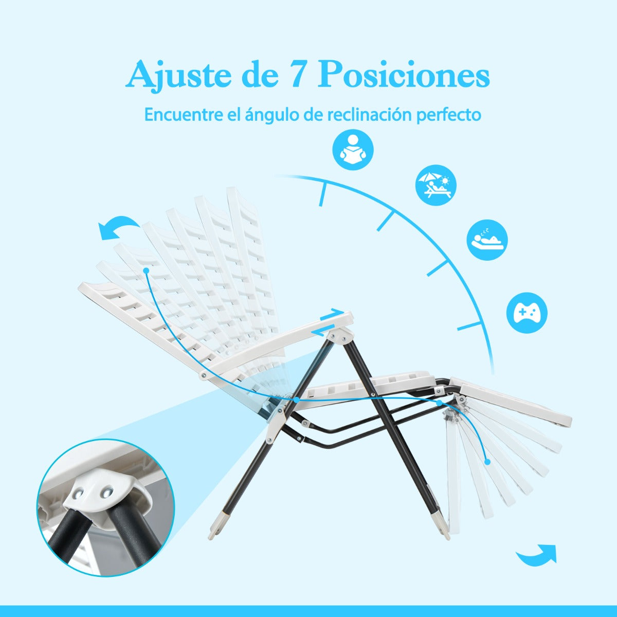 Sillas Terraza, Tumbonas Jardin, Silla Plegable Playa, con Respaldo de 7 Posiciones, Reposapiés Cómodo, Blanca, Costway, 6