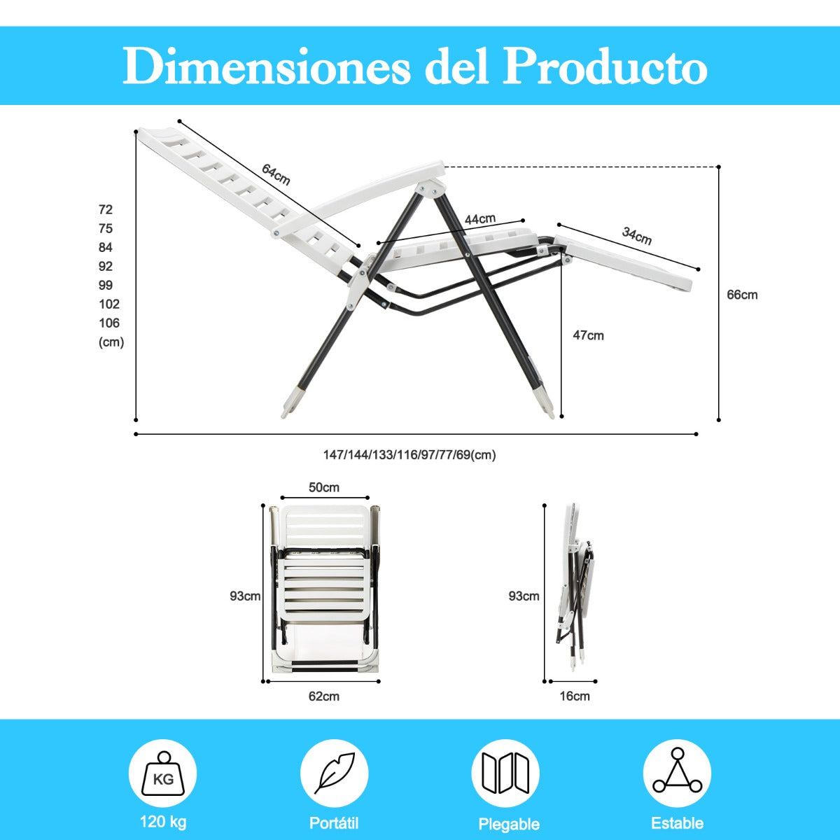 Sillas Terraza, Tumbonas Jardin, Silla Plegable Playa, con Respaldo de 7 Posiciones, Reposapiés Cómodo, Blanca, Costway, 3