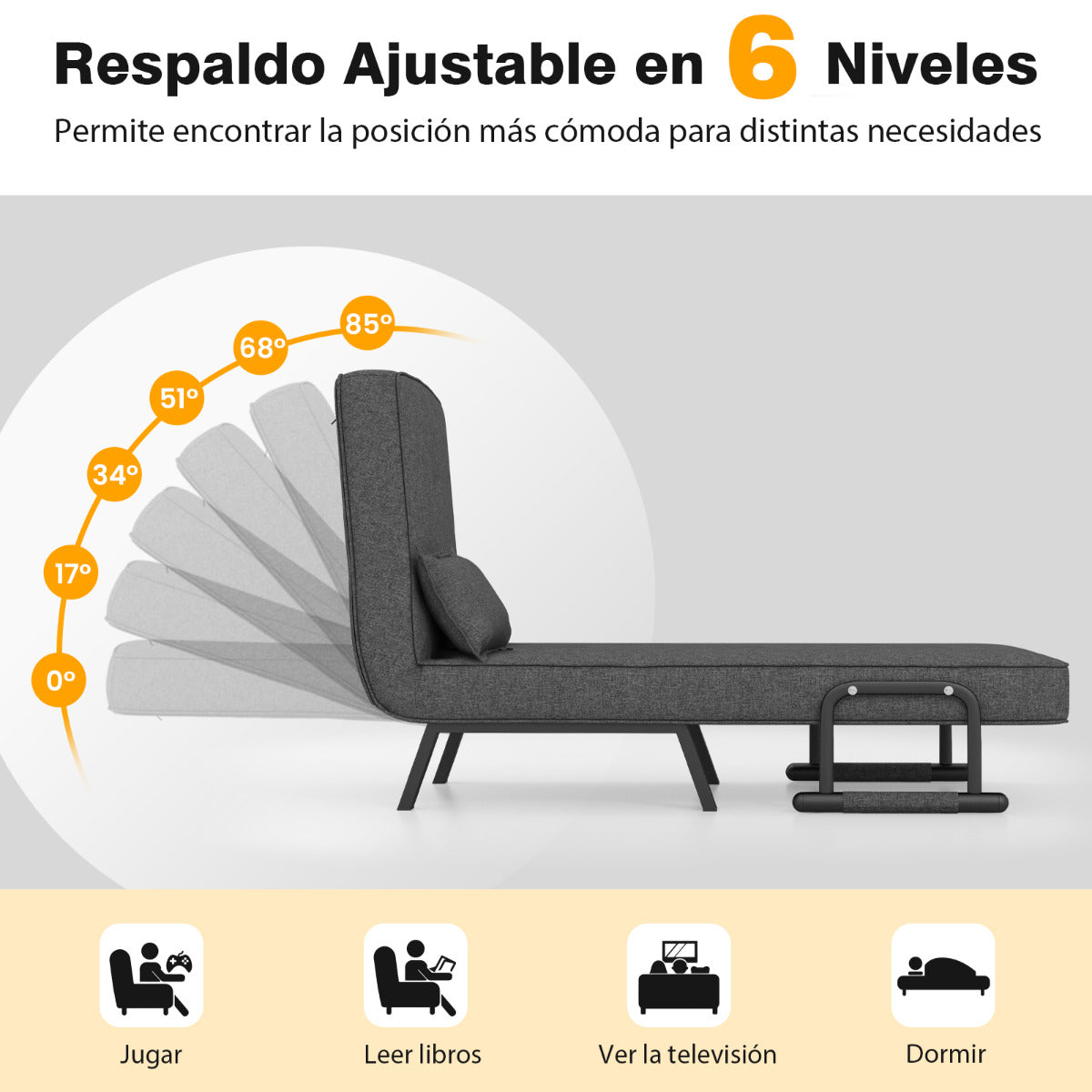 Sofa Cama, Sillon Cama, Sofa Cama Pequeño, Convertible Plegable Silla de Dormir Individual, Gris Oscuro, Costway, 5