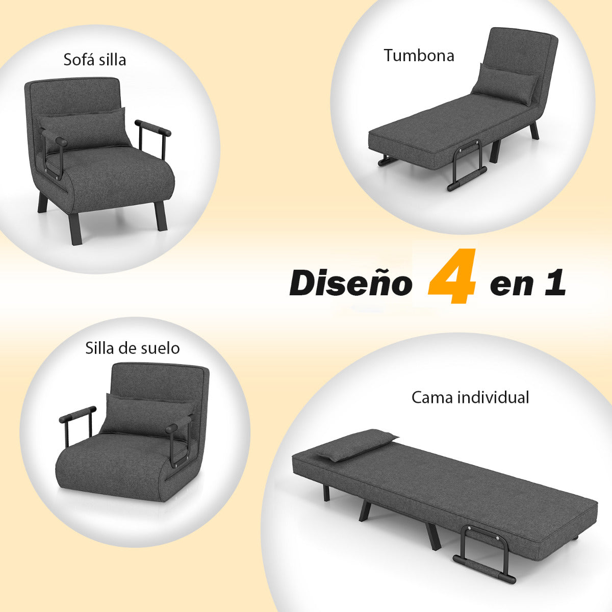 Sofa Cama, Sillon Cama, Sofa Cama Pequeño, Convertible Plegable Silla de Dormir Individual, Gris Oscuro, Costway, 6